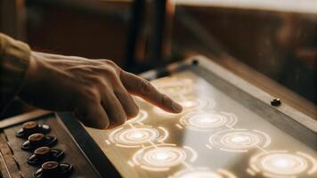 Closeup of a hand manipulating a holographic control panel with swirling digital icons and interfaces responding dynamically to the persons movements in an immersive environment.. photo