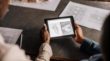 Closeup of a tablet displaying a holographic model of product design surrounded by brainstorming sketches as team members contribute ideas enthusiastically.. photo