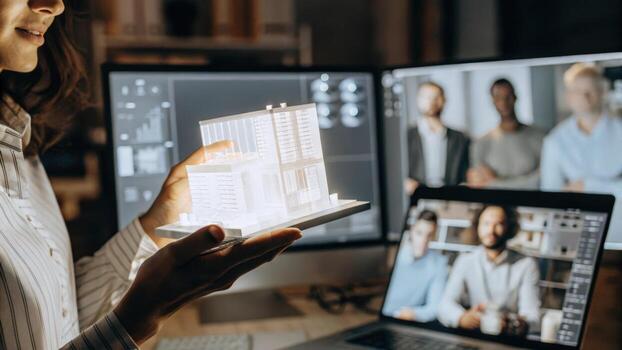 An engineer examining a holographic architectural model within a virtual business portal highlighting design modifications while collaborating with colleagues remotely.. photo