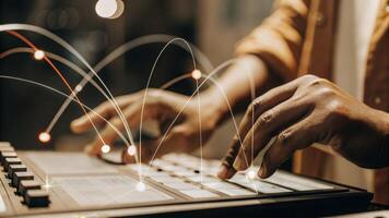 A closeup shows hands manipulating a holographic interface as a supply chain analyst adjusts sliders to optimize logistics routes with vibrant data points pulsing in the air around. photo