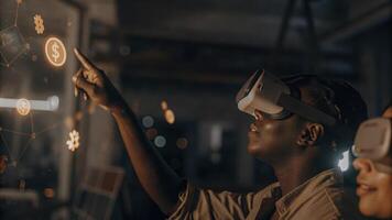 A virtual reality headset worn by a participant showcasing their immersive experience in navigating a 3D investment landscape filled with floating icons and financial imagery.. photo