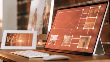 A sleek futuristic workspace with a holographic screen presenting a marketing campaign timeline with various multimedia elements popping up around the user.. photo