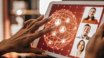 Hands adjusting the settings on a holographic interface while the background shows colleagues engaged in simultaneous virtual meetings projected within the networking sphere.. photo