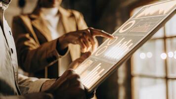 A closeup of a hand manipulating a holographic dashboard revealing realtime analytics and KPIs while a person observes their virtual workspace intently.. photo