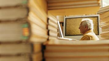 An older man with a computer monitor reflecting complex neural patterns is surrounded by books on memory enhancement capturing the essence of selfeducation and exploration in the. photo
