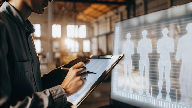 A focused employee takes notes while analyzing a holographic performance summary in a welllit open space with floating figures showing productivity trends and insights.. photo