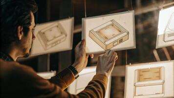 An individual adjusting the dimensions of a holographic product with precision deep in thought as various design iterations float around them.. photo