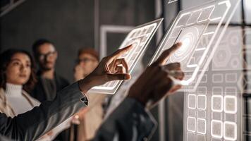A pair of hands manipulating holographic interfaces while discussing technological advancements with a backdrop of intrigued onlookers.. photo