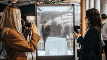 A sleek booth featuring a holographic display of the latest innovations with intrigued participants trying out virtual experiences through handheld devices.. photo