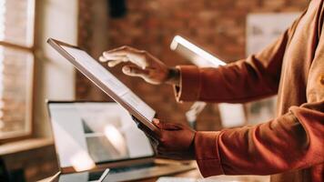 An individual scanning physical documents which then convert into holographic versions that can be edited and shared seamlessly in a digital workspace.. photo