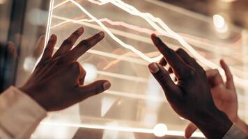 Closeup of a holographic interface displaying realtime analytics with hands reaching up to manipulate the data streams emphasizing collaboration.. photo
