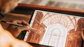 Closeup of a designer sketching on a digital tablet with holographic designs materializing beside them transforming traditional concepts into interactive 3D models.. photo