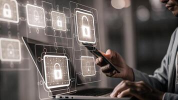 A user adjusting settings on a holographic interface surrounded by holograms that illustrate different aspects of data security and management.. photo
