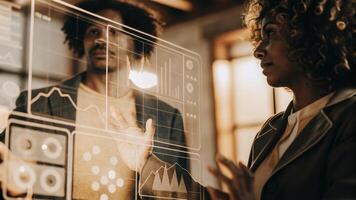 A dashboardlike holographic interface that combines customer insights with predictive analytics with a close focus on elements that display actionable recommendations.. photo