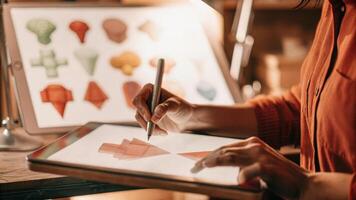 An artist using a holographic sketchpad with colorful 3D designs floating in the air around them their face lit with inspiration as they mold virtual shapes with their hands.. photo