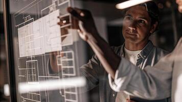 An individual lightly touching a holographic display of competitor analysis with blueprints and strategy maps reflected in their eyes highlighting focus and intent.. photo
