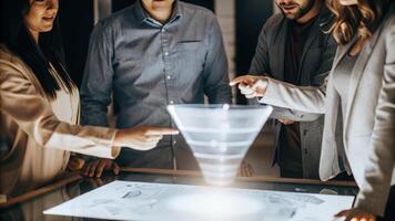 A group brainstorming around a bright rotating hologram of a sales funnel expressions of curiosity and excitement as they explore different sales tactics represented in 3D.. photo