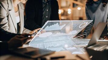A dynamic holographic display hovering above a table filled with laptops and notebooks featuring an array of visual data like graphs and charts as team members collaborate. photo