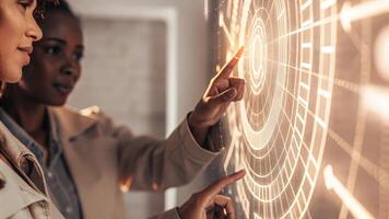 A medium closeup of a user interface featuring holographic security features as a team member gestures to highlight key aspects of blockchain protection measures.. photo
