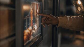 Closeup of a glowing holographic interface featuring animated graphics and infographics with a hand reaching to interact with the visualizations.. photo
