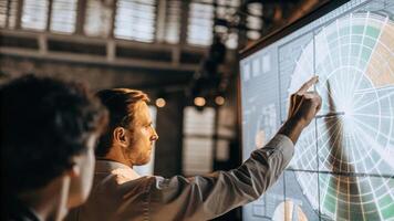An immersive holographic data visualization displays a rotating pie chart while a man adjusts the dimensions with hand motions to see different data perspectives.. photo