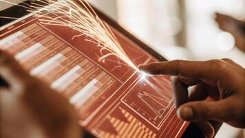 A closeup view of a user customizing a holographic financial report with a touch interface with sparks of light emanating from their manipulation of data layers.. photo