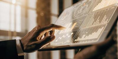 A dynamic view of a hand swiping through interactive financial reports on a holographic dashboard showcasing features like predictive analytics and investment performance.. photo