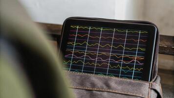 Closeup of a digital display reflecting brainwave activity with colorful graphs and dynamic waveforms indicating realtime neural responses during stimulation.. photo