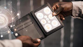A closeup of a holographic wallet interface showcasing various cryptocurrencies with a pair of hands strategically selecting options in a dynamic digital environment.. photo