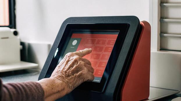 Closeup of an elderly persons hand interacting with a smart pill dispenser with the devices vibrant display showing reminders set against a backdrop of a minimalist lab. photo