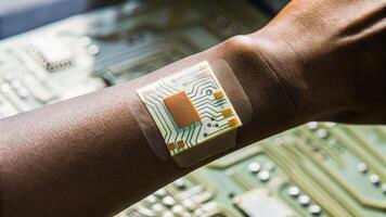 A medium closeup of a persons wrist displaying an augmented skin patch that adapts color based on temperature readings with intricate circuitry patterns visibly integrated beneath. photo