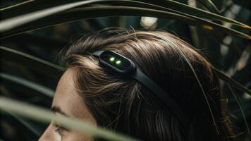 Closeup of a wearable neurostimulation device positioned snugly on a participants forehead with glowing indicators reflecting the brainwave activity patterns during a meditation. photo