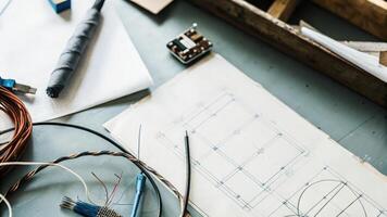 An overhead shot of a workshop table cluttered with various DIY materials including wires electrodes and a smallArduino microcontroller alongside a schematic diagram of the EEG. photo