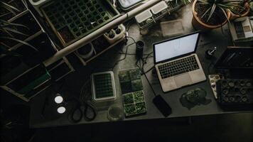 An overhead view of a laboratory workspace littered with biohacking tools with a prominent augmented interface projecting a 3D model of cellular structures and experimental data.. photo