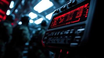 Shot from an angled perspective this closeup features a mounted secure radio unit prominently displaying a digital readout of frequency and encryption status. The background is fille photo