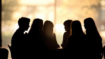 Film crew discussing script during meeting in backlit office photo