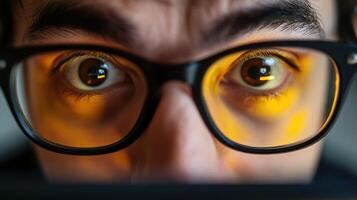 A medium closeup of the spets face showcasing a look of determination as they analyze data on a tablet screen. The reflection of critical security metrics can be seen in their glasse photo