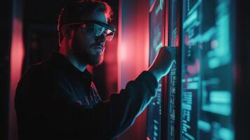 A male technician stands in a semidarkened room adjusting his VR headset with one hand while the other hovers over a touch panel displaying critical cybersecurity metrics. The glo photo