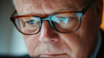 A medium closeup of the spets face showcasing a look of determination as they analyze data on a tablet screen. The reflection of critical security metrics can be seen in their glasse photo