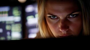 A closeup of a woman intently typing on a laptop her brow furrowed in concentration while digital alerts flash across multiple monitors in the background showcasing the chaotic ye photo