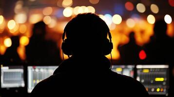 An intimate moment on set featuring a sound technician wearing headphones and monitoring audio levels with crew members in action behind him their blurred silhouettes conveying a sens photo