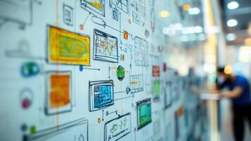 A closeup of a whiteboard filled with diagrams illustrating cloud architecture security layers and interconnected APIs as a developer writes notes and highlights important feature photo