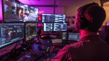 An ethical hacker wearing a headset and deep in concentration monitors multiple screens in a dimly lit room filled with technical equipment. Various tools and command windows displa photo