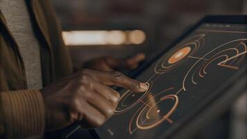 A closeup of a hand engaging with a holographic touchscreen that showcases a floating pie chart illustrating consumer behavior analysis in vivid colors.. photo