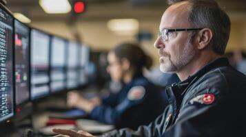 operators are intently typing commands their faces illuminated by the screens displaying critical alerts and system statuses photo