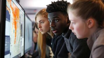 A dynamic group of learners participating in an interactive simulation where theyre tasked with protecting a virtual network from cyber threats. Their expressions range from concentratio photo