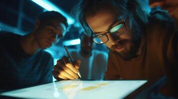 A medium closeup reveals a focused team member sketching a prototype interface on a digital tablet illuminated by soft overhead lights as colleagues lean in their expressions reflectin photo