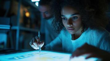 A medium closeup reveals a focused team member sketching a prototype interface on a digital tablet illuminated by soft overhead lights as colleagues lean in their expressions reflectin photo