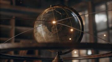 A closeup of a holographic globe spinning slowly with pulsating light indicating various data points symbolizing global connectivity and resource management.. photo