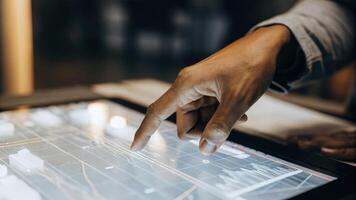 A closeup of fingers tapping on a holographic interface showing dynamic data changing in realtime as the analyst manipulates the 3D models.. photo
